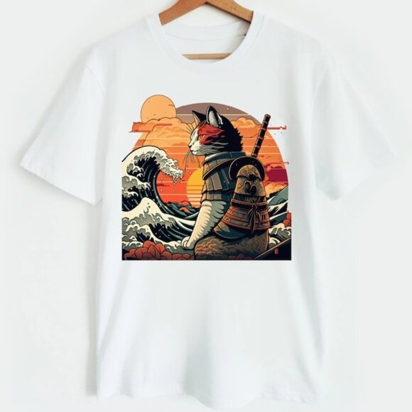 Tops - Retro samurai cat T-shirt, Graphic Tshirt, Cat Lover Shirt